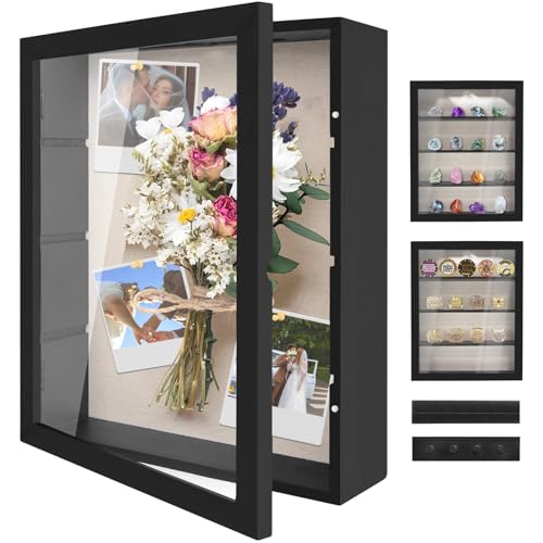 11x14 Shadow Box Display Case with Linen Back and Removable Shelves | Shadow Box Picture Frame, Wooden Memory Box for Wedding Bouquet, Photos, Medals, Keepsakes (Black)