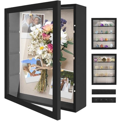 11x14 Shadow Box Display Case with Linen Back and Removable Shelves | Shadow Box Picture Frame, Wooden Memory Box for Wedding Bouquet, Photos, Medals, Keepsakes (Black)