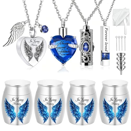 8 Pieces Small Urns for Human Cremation Jewelry Urn Necklaces for Ashes Blue Angel Wings Keepsake Urns Memorial Locket Waterproof Mini Ash Holders for Human Female Male Loved One (8Pcs-Silver)