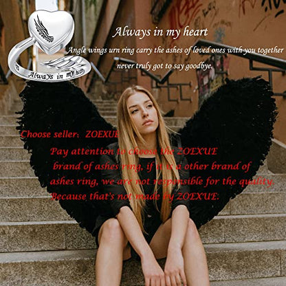 Sterling Silver Urn Rings for Ashes for Women: Angel Wing Opal Cremation Jewelry Rings for Ashes of Loved Ones - Cat Dog Memorial Keepsake Open Adjustable Ring Jewelry for Women - style: Angel Wings Urn Rings