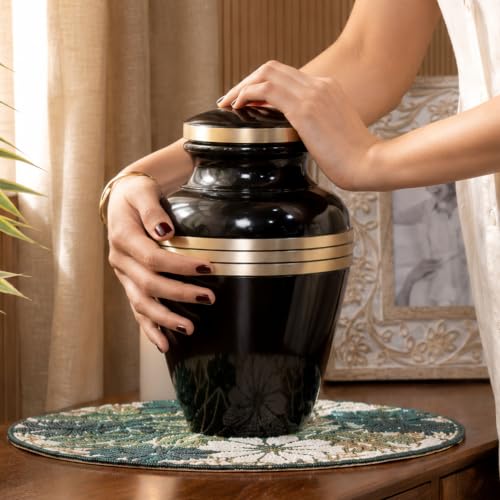 Cremation Urn for Human Ashes Adult Male/Female, 200+ Cubic Inch Capacity, 10 x 7 Inch Metal Funeral Urn with Secure Screw-Top Lid, Avlon Midnight Black Gold, Velvet Bag Included - color: Midnight Black Gold, size: Avlon 10x7