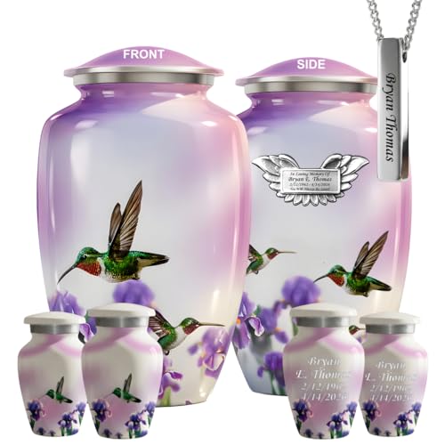 Set of 7 Hummingbird Custom Engraved Decorative Funeral Urns for Ashes Adult Male & Female Includes 1 Large Urn with 4 Small Keepsakes & 1 Silver NecklaceUrn(White Hummingbird Plaque, Urns) - color: White Hummingbird Plaque