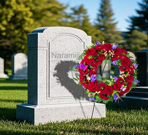 Cemetery Wreath for Grave, Red Roses Memorial Wreath with 30 Inch Easeal Stand, Fade-Resistant