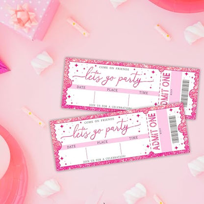 Pink Glitter Birthday Invitations Set of 20 - "Let's Go Party" VIP Ticket Design with Envelopes, 3×8 Inch Cards for Girls -Birthday Party Favor & Supplies (3 X 8 In) -A12 - color: Pink Glitter