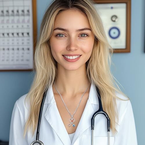 Angel Wings Necklace 925 Sterling Silver Guardian Angel Nurse RN Caduceus Pendant Charm Crystal Angel Jewelry Gifts for Women - style: H-Stethoscope-12-Dec.-Blue Topaz