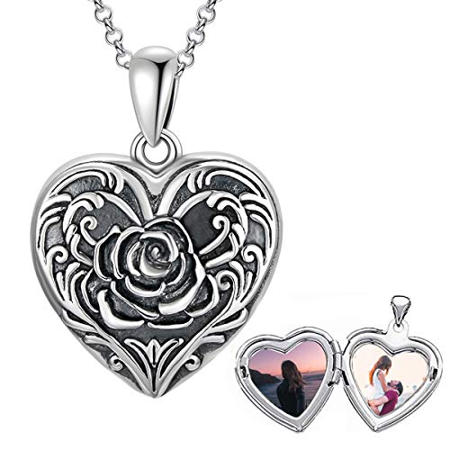 SOULMEET Sunflower/Rose/Daisy Heart Locket Necklace That Holds Pictures Keep Someone Near to You Sterling Silver/Gold Personalized Photo Locket Gift - style: A-Rose locket+photo