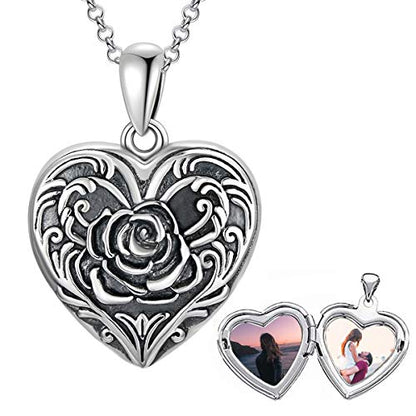SOULMEET Sunflower/Rose/Daisy Heart Locket Necklace That Holds Pictures Keep Someone Near to You Sterling Silver/Gold Personalized Photo Locket Gift - style: A-Rose locket+photo