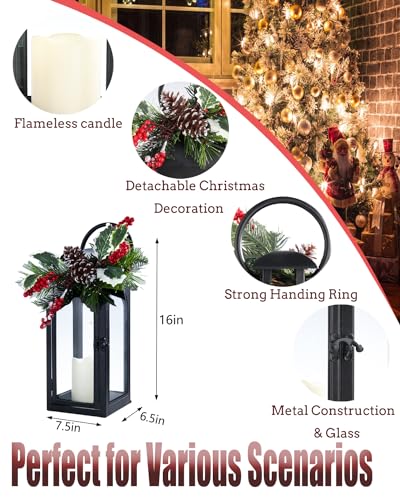 Bdor 16 Inch Black Metal Christmas Lantern with Remote LED Candle and Timer | Removable pinecone and holly greenery, flameless LED candles, remote control, 6-hour timer, tabletop or porch decor
