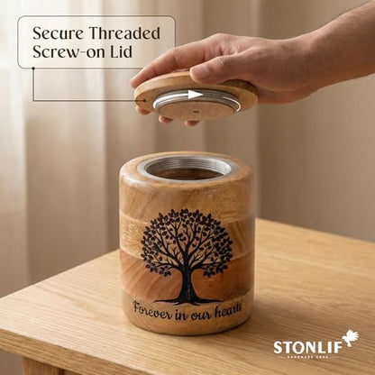 Medium Wooden Cremation Urn for Human Ashes – 80 Cubic Inch Tree of Life Engraved Memorial Urn, Natural Wood, Partial Ashes or Shared Remains - size: Medium 80 Cu In