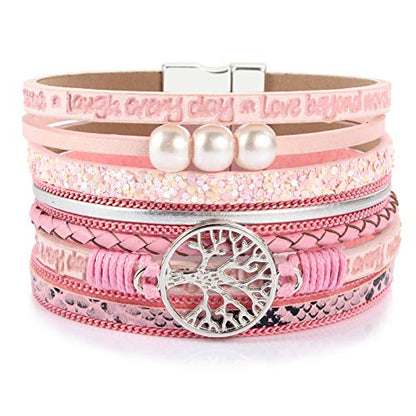 Tree of Life Inspirational Leather Wrap Bracelets Boho Western Cowgirl Cuff - color: Pink