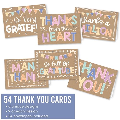 54 Bulk Thank You Cards with Envelopes Blank Cute Thank You Cards | Kraft Colorful 5 x 3.5 Appreciation Card Birthdays, Baby Shower, Teacher, Small Business, Party Guests, Coworkers & Holidays - style: Kraft Colorful 54 pcs