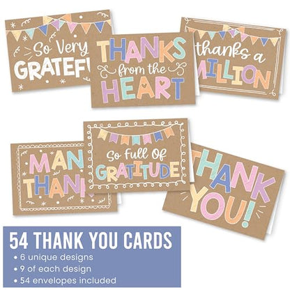 54 Bulk Thank You Cards with Envelopes Blank Cute Thank You Cards | Kraft Colorful 5 x 3.5 Appreciation Card Birthdays, Baby Shower, Teacher, Small Business, Party Guests, Coworkers & Holidays - style: Kraft Colorful 54 pcs