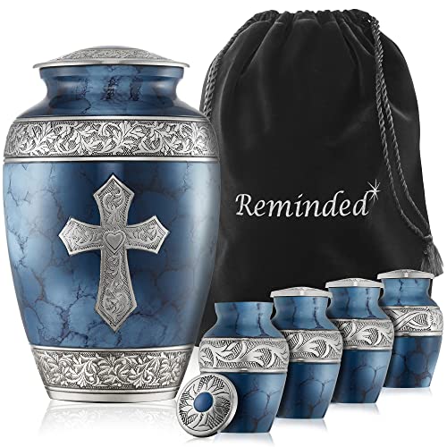 Reminded Set of 5 Engraved Cross Cremation Urns for Human Ashes - 1 Brass Adult + 4 Keepsake Token Size, Blue - color: Blue