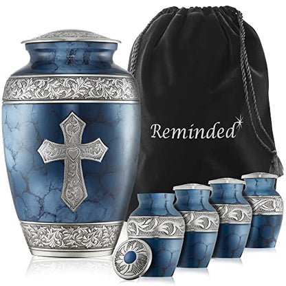 Reminded Set of 5 Engraved Cross Cremation Urns for Human Ashes - 1 Brass Adult + 4 Keepsake Token Size, Blue - color: Blue