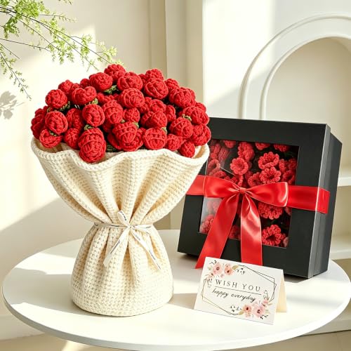 Premium Crochet Flower Bouquet Blanket Rose Red Birthday Gifts for Women | Unique Gifts for Mom Wife Grandma Girlfriend Handmade Knitted Throw Blanket, Get Well Gifts for Women After Surgery, 51in - color: Red Rose