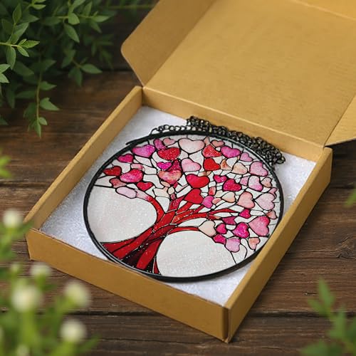 Stained Glass Window Hanging - 8 Inch Love Heart Tree Suncatcher, Sun Catchers Indoor Window | Valentine’s Day, Mother's Day, Christmas, Anniversary, Birthday Gifts for Lover, Wife, Girlfriend, Mom - color: Heart Tree