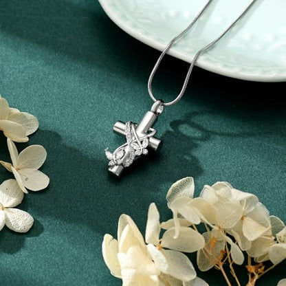 Butterfly Cross Cremation Jewelry Urn Necklaces Stainless Steel Cross Urn Necklaces for Ashes Memorial Keepsake Pendant for Women Gifts With Funnel Kit & Bag - color: Silver