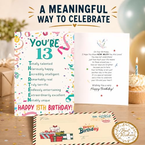 13th Birthday Card, 13 Birthday Card for Teen with Seal and Envelope, Birthdayy Cards for 13 Year Old Girl Boy, Fun Happy 13th Birthdayy Cards for Son Daughter Grandson Granddaughter Niece Nephew - color: 13th