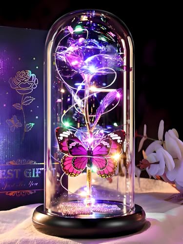Birthday Gifts for Women Mom Galaxy Flower Purple Rose in Glass Dome - color: Purple a