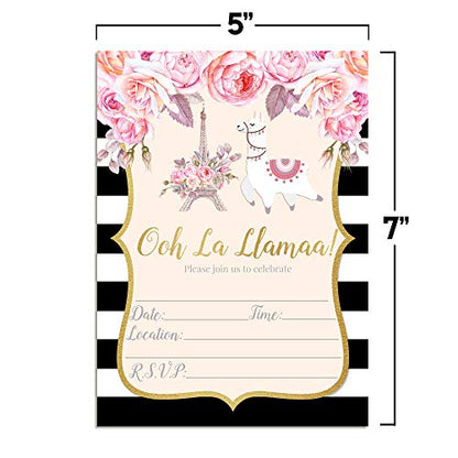 Ooh La Llama Watercolor Floral Llama in Paris Birthday Party Invitations, 20 5x7 Fill In Cards with Twenty White Envelopes by AmandaCreation - style: Watercolor Floral Llama in Paris