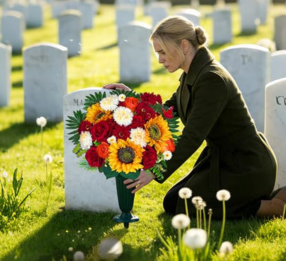 Artificial Cemetery Flowers,Memorial Flowers,Beautiful Arrangements for Headstones,Silk Sunflower Rose Berries Daisy