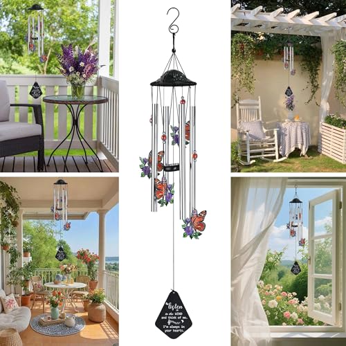 YU FENG Butterfly Memorial Wind Chime, Crystal Suncatcher Outdoor Decor | 34 Inch Metal Wind Chime, Butterfly Design, Sympathy Bereavement Gift, Garden Yard Patio Hanging Decoration - style: Autumn Garden – Butterfly – 34 Inch