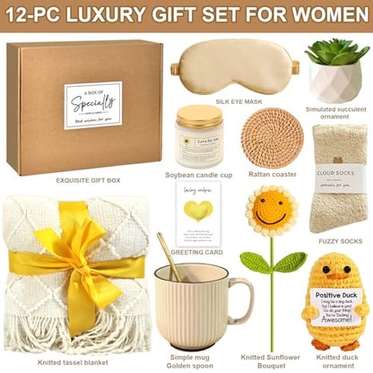 Get Well Soon Gift Baskets for Women, Unique Birthday Gifts for Women,Sympathy Gifts, Care Package Sending Sunflower Box Thinking of You for Mom Wife Sister Best Friends Teen Girls