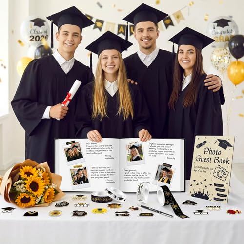 8 pcs Graduation Guest Book Photo Sign Decorations in Book 80 Pages | with Pen Stickers Washi Tape Wooden Stand Signature Scrapbook for College Gifts