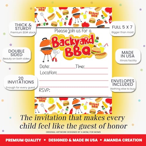 Amanda Creation Backyard BBQ Party Fill In Invitations set of 20 with envelopes. Perfect for Summer parties, graduation, family reunions, barbeques and more… - style: Backyard BBQ