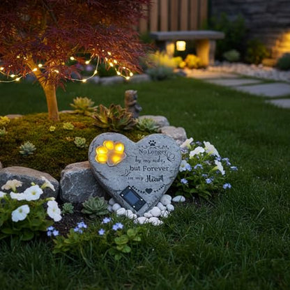 Pet Memorial Stone Solar Lighted Glowing Paw Print Heart Statue 10" | Pet Headstones For Dogs Cats with "Forever in My Heart" Engraved, Waterproof Resin Loss of Dog Sympathy Gift - color: Heart Pet