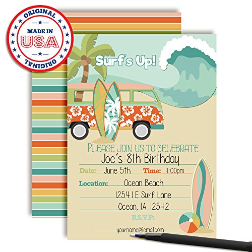 Chasing A Wave Summer Surfs Up Fun Birthday Party Invitations, 20 5x7 Fill In Cards with Twenty White Envelopes by AmandaCreation - style: Chasing A Wave Summer Surfs