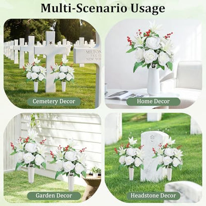 Lewondr Artificial Cemetery Flowers with Vase for Grave, White Lily, 2 Pack - color: Pure White