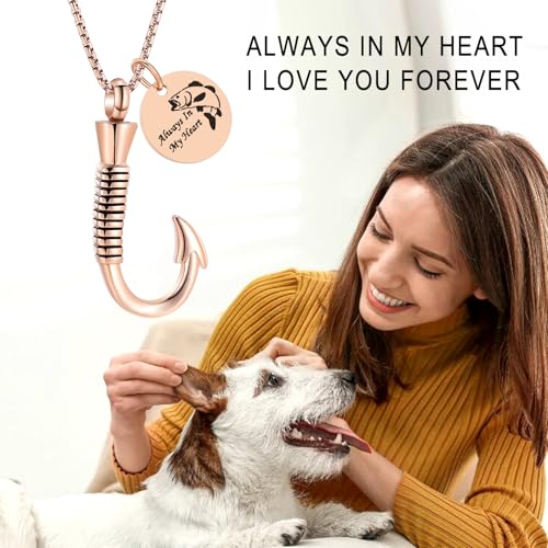 Oinsi Fishing Hook Urn Necklace for Ashes Fish Cremation Jewelry Memorial Ashes Keepsake Stainless Steel Urn Keychain for Men - color: Rose Gold (Always In My Heart)