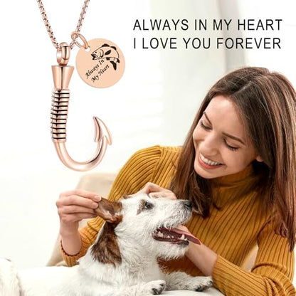 Oinsi Fishing Hook Urn Necklace for Ashes Fish Cremation Jewelry Memorial Ashes Keepsake Stainless Steel Urn Keychain for Men - color: Rose Gold (Always In My Heart)