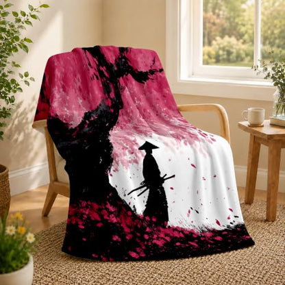 Japanese Cherry Blossom Throw Blanket, Flannel Blankets for Couch 50"×60" - color: Japanese Cherry Blossom Samurai