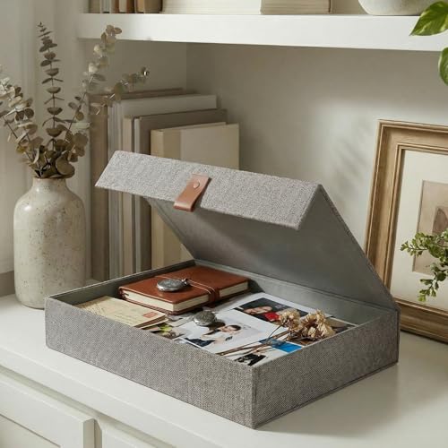 ZICOTO Decorative Photo Storage Box with Lid - Beautiful Linen Organizer - color: Gray, size: Large