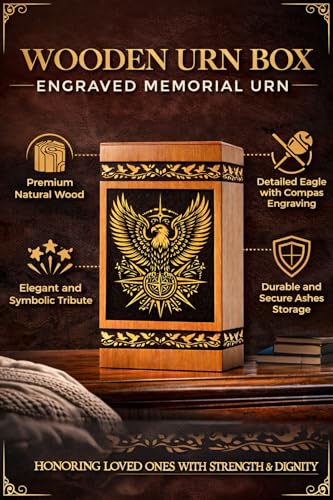 Handcrafted Wooden Urn Box with Eagle & Compass Engraving | Premium Memorial Ashes Urn | Decorative Keepsake Box [Available urn Box in 5 Different Sizes] ((Medium [9.5X5.5] 180 Cubic INCHES)) - size: (Medium [9.5X5.5] 180 Cubic INCHES)