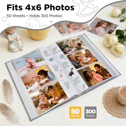 Baby Photo Album 4x6 300 Pockets with Memo Area, Photo Stickers & Hand and Footprint Kit, Linen Cover Baby Memory Book with Front Window, First Year Keepsake for Newborn Boy Girl - color: Gray