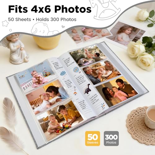 Baby Photo Album 4x6 300 Pockets with Memo Area, Photo Stickers & Hand and Footprint Kit, Linen Cover Baby Memory Book with Front Window, First Year Keepsake for Newborn Boy Girl - color: Gray