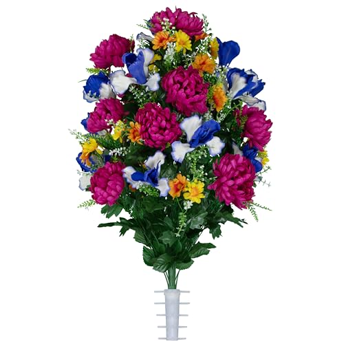Sympathy Silks Artificial Cemetery Flowers - Gravesite Flowers - Fuchsia Mums with Blue Iris - (1) Bouquet - size: Bouquet