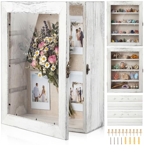 Gerrii Shadow Box Display Case 11 x 13 - Deep 5 Inch Wooden Picture Frame with Linen Back, Removable Shelves, Wooden Memory Case for Wedding Bouquets, Photos, Medals & Keepsakes, White - color: White, size: 11 x 13 Inches