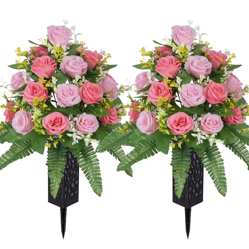 MOOMASS Artificial Cemetery Flowers – Grave Decorations, Cemetery Flowers for Grave Vase, Artificial Rose, Silk Flowers for Long-Lasting Remembrance(Pink+Light Pink, 2 Bouquets) - color: Pink+light Pink, size: 2 bouquets