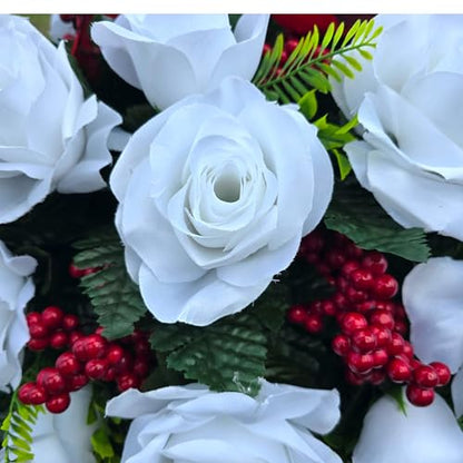 Christmas Memorial Saddle with White Roses, Red Berries, and Red Birds - Winter Memorial Flowers for Grave, Headstone, or Funeral Flowers