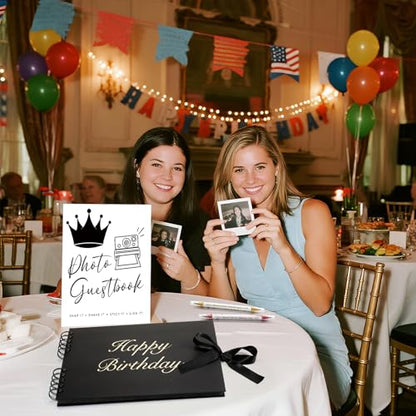 AmazingSpark Birthday Guest Book Set Memory Photo Guest Book Black Gold Decoration Birthday Gift for Men Women Wood Signature Photoprop Party Supply Sign Picture Album for Party Event(Universal) - size: Universal