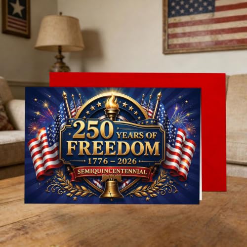 250th Anniversary Card Freedom Torch Flag America Patriotic Gift | 250th Anniversary Freedom Card with American Flags and Liberty Bell for 4th of July Celebration and Patriotic Events - color: ame14