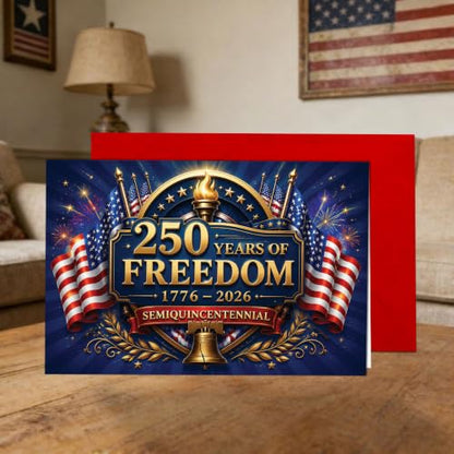 250th Anniversary Card Freedom Torch Flag America Patriotic Gift | 250th Anniversary Freedom Card with American Flags and Liberty Bell for 4th of July Celebration and Patriotic Events - color: ame14