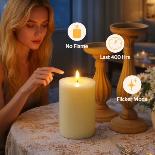 Flameless Real Wax 4" x6" Ivory Timer Remote Pillar Candle Grease Design, Battery Operated Long Lasting 3D Wick LED Flickering Pack of 2 Fake Candles Warm Light