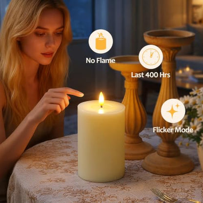 Flameless Real Wax 4" x6" Ivory Timer Remote Pillar Candle Grease Design, Battery Operated Long Lasting 3D Wick LED Flickering Pack of 2 Fake Candles Warm Light
