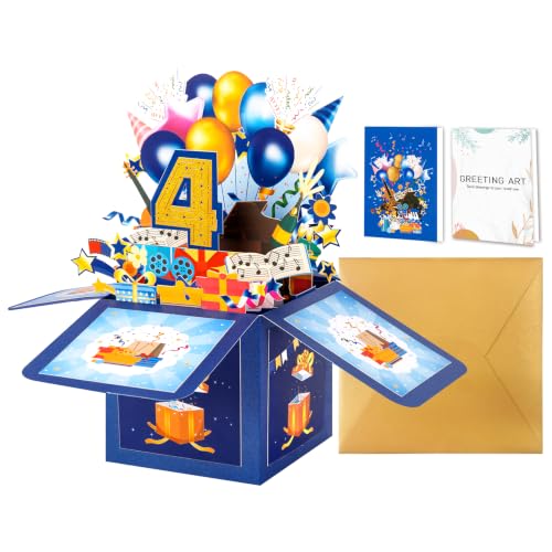 GREETING ART Happy 4th Birthday Pop Up Card,Funny Guitar Ballons Box Themed - color: 4th