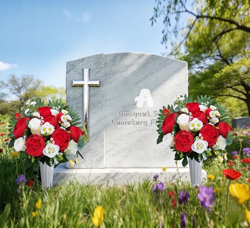 Artificial Flowers for Cemetery with Vase,Cemetery Flowers for Grave Vase,Florist Create Memorial Tombstone Bouquet:Red Peony,White Rose Mix Arrange,Weather Resistant,Easy use - size: 1bouquet with 1vase